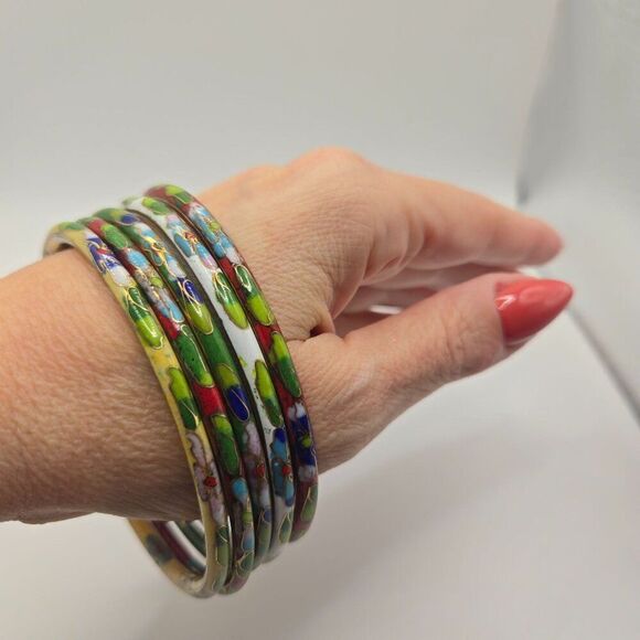 Vintage Enamel Cloissonne Bangle Bracelet Lot of 5 Asian Floral - Picture 2 of 3